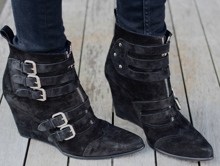 Tabitha Simmons "Early" buckled suede wedge ankle boots
